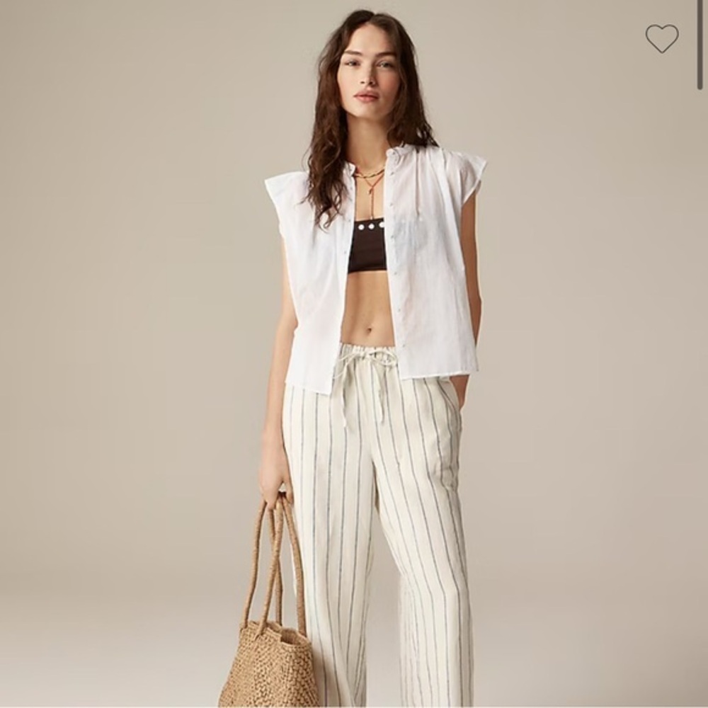 J. Crew white button down sheer flutter sleeve blouse coastal beach preppy NWT S